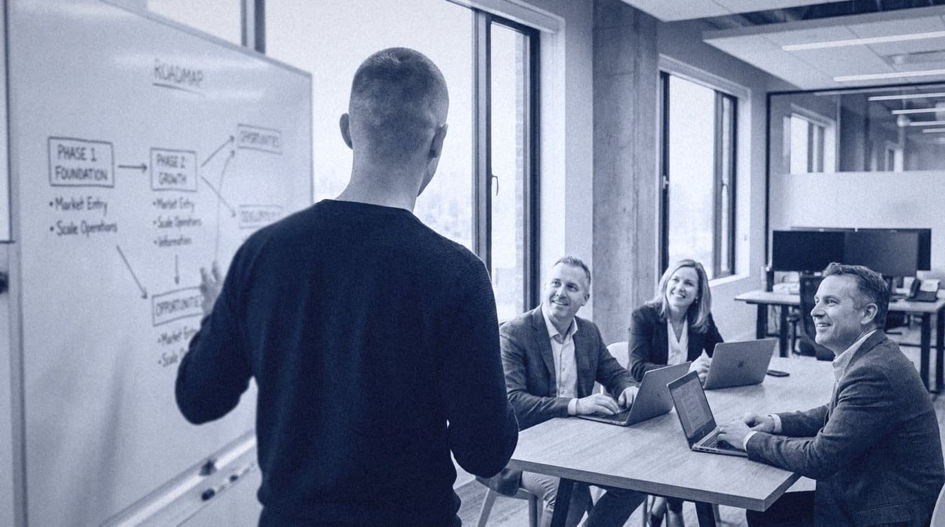 Walking a leadership team through a phased roadmap on a whiteboard